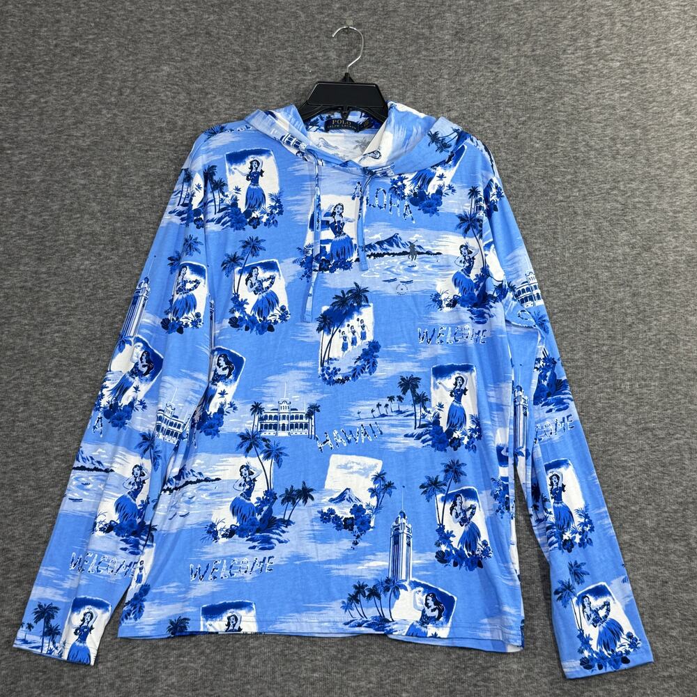 Polo RALPH LAUREN Hooded T-Shirt Blue Hawaiian Aloha Hula Hoodie Men's Medium